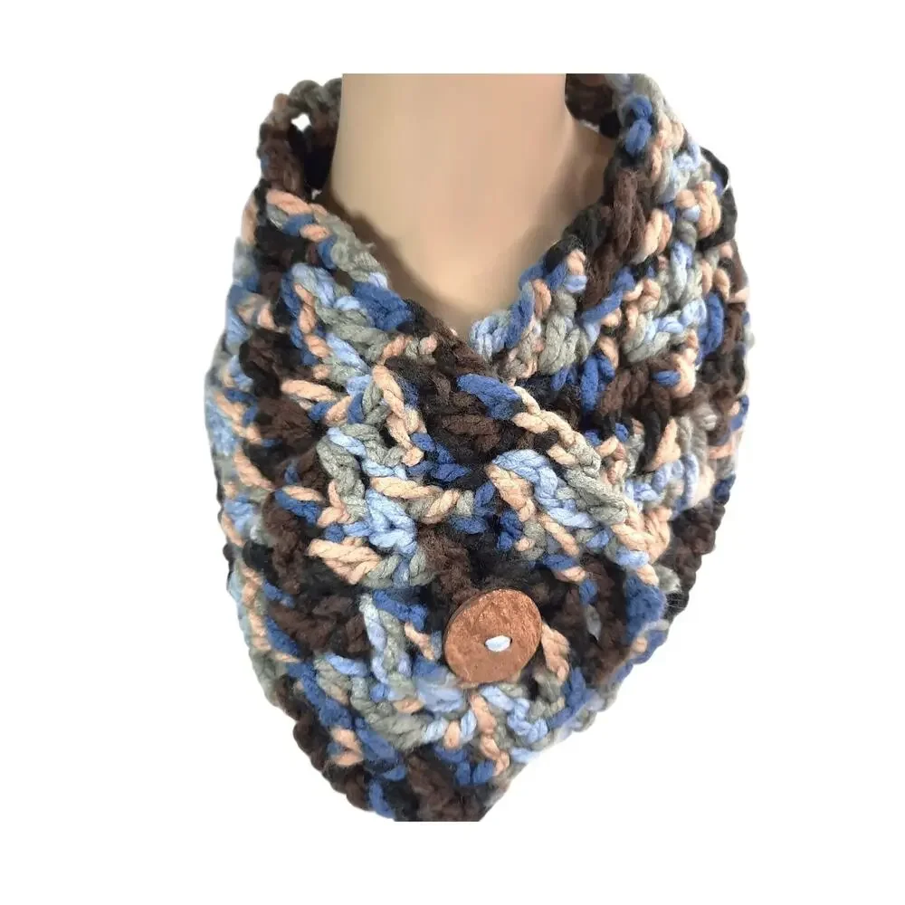 Handmade Chunky Crochet Scarf Blue Brown Cowl Rustic Wooden Button Closure NEW